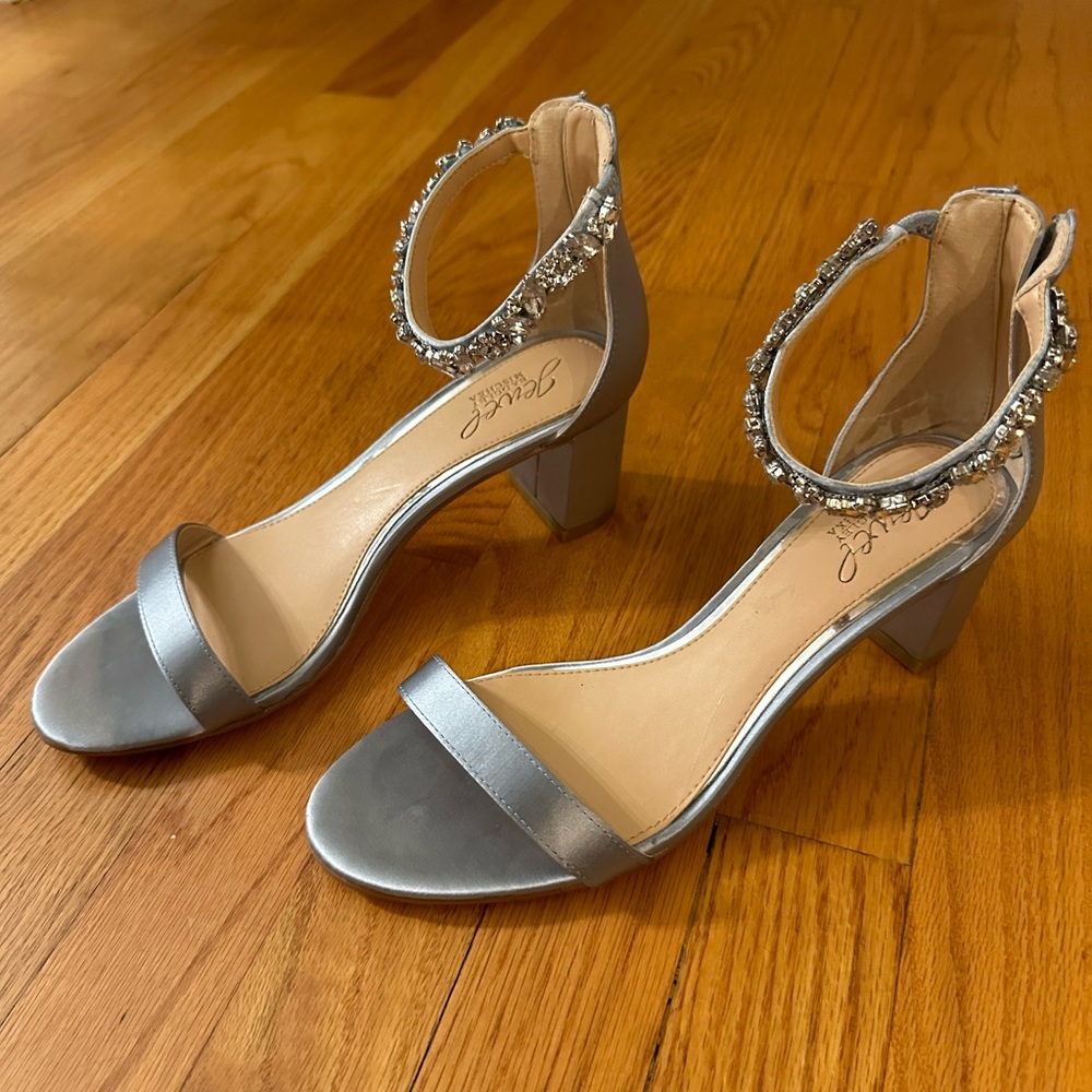 Badgley Mischka satin blue with crystal embellishments size 8 sandals